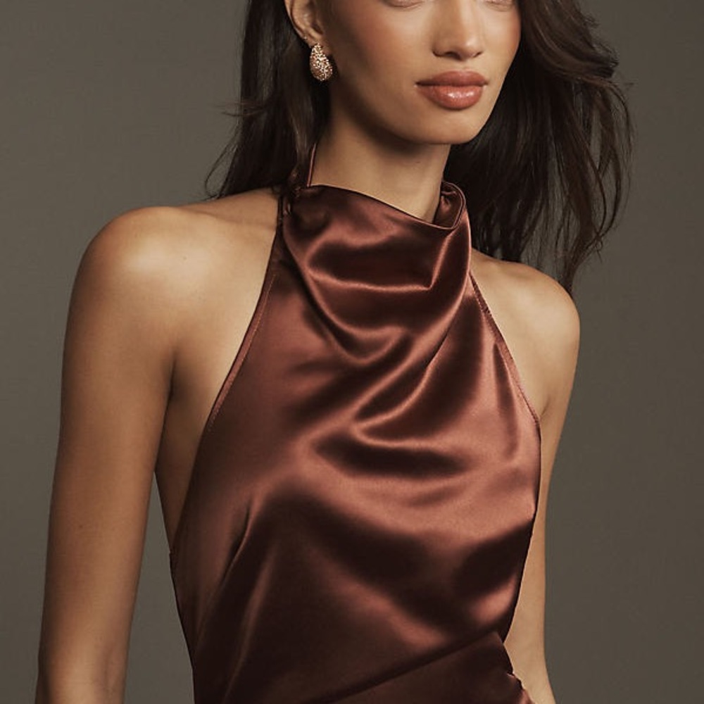 BHLDN Holly Chocolate Brown Satin Halter Midi Dress - Picture 2 of 4